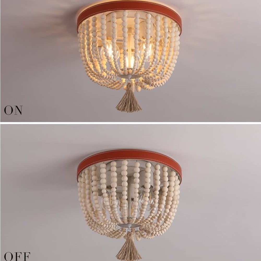 NEW Boho Wood Beaded Flush Mount Ceiling Lights Chandelier Fixture - Picture 7 of 10